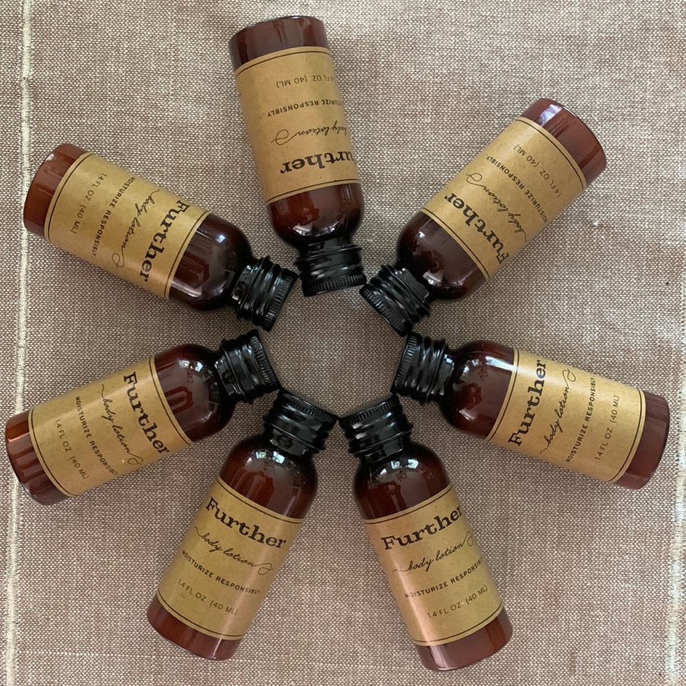 FURTHER Body Lotion Lot of 7 travel size bottles bergamot, olive oil, grasses